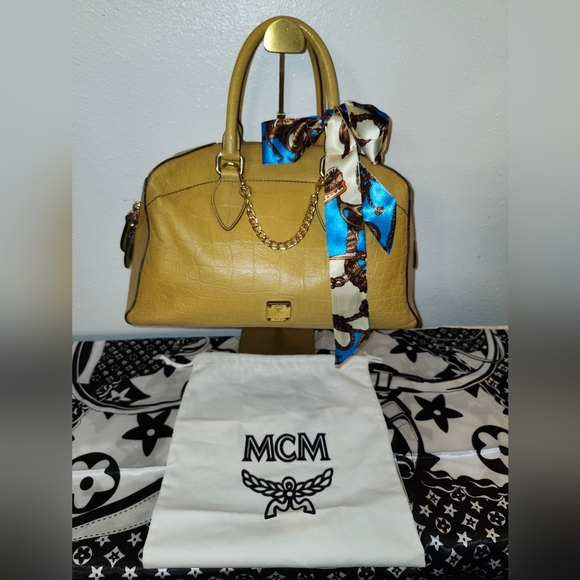 MCM Handbags - MCM Mustard Satchel with Blue Scarf Accent